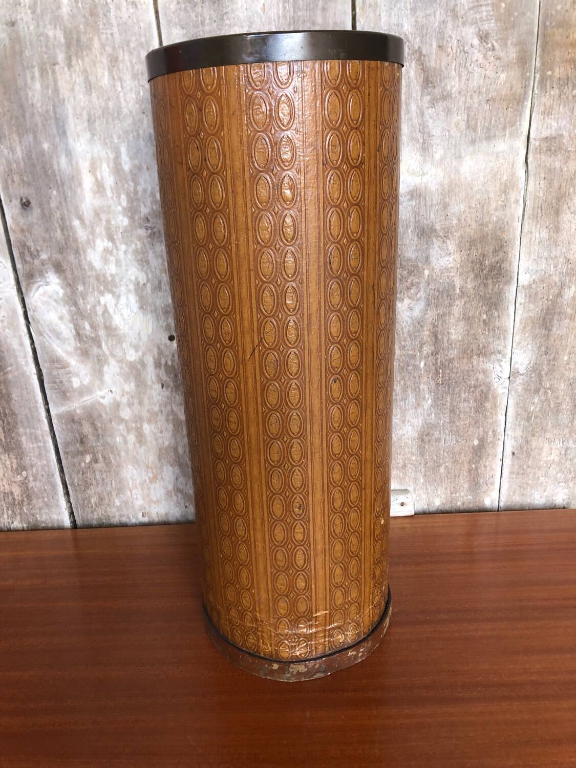 Boiled cardboard umbrella stand + brass strapping + vintage interior tray #a312