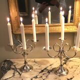 Ercuis House. Pair of three-light candelabra in silver-plated metal