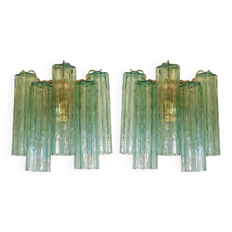 Contemporary Green “Tronchi” Murano Glass Wall Sconce in Venini Style - a Pair