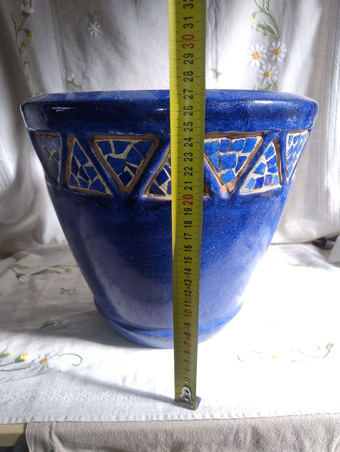 Blue ceramic planter with mosaic frieze