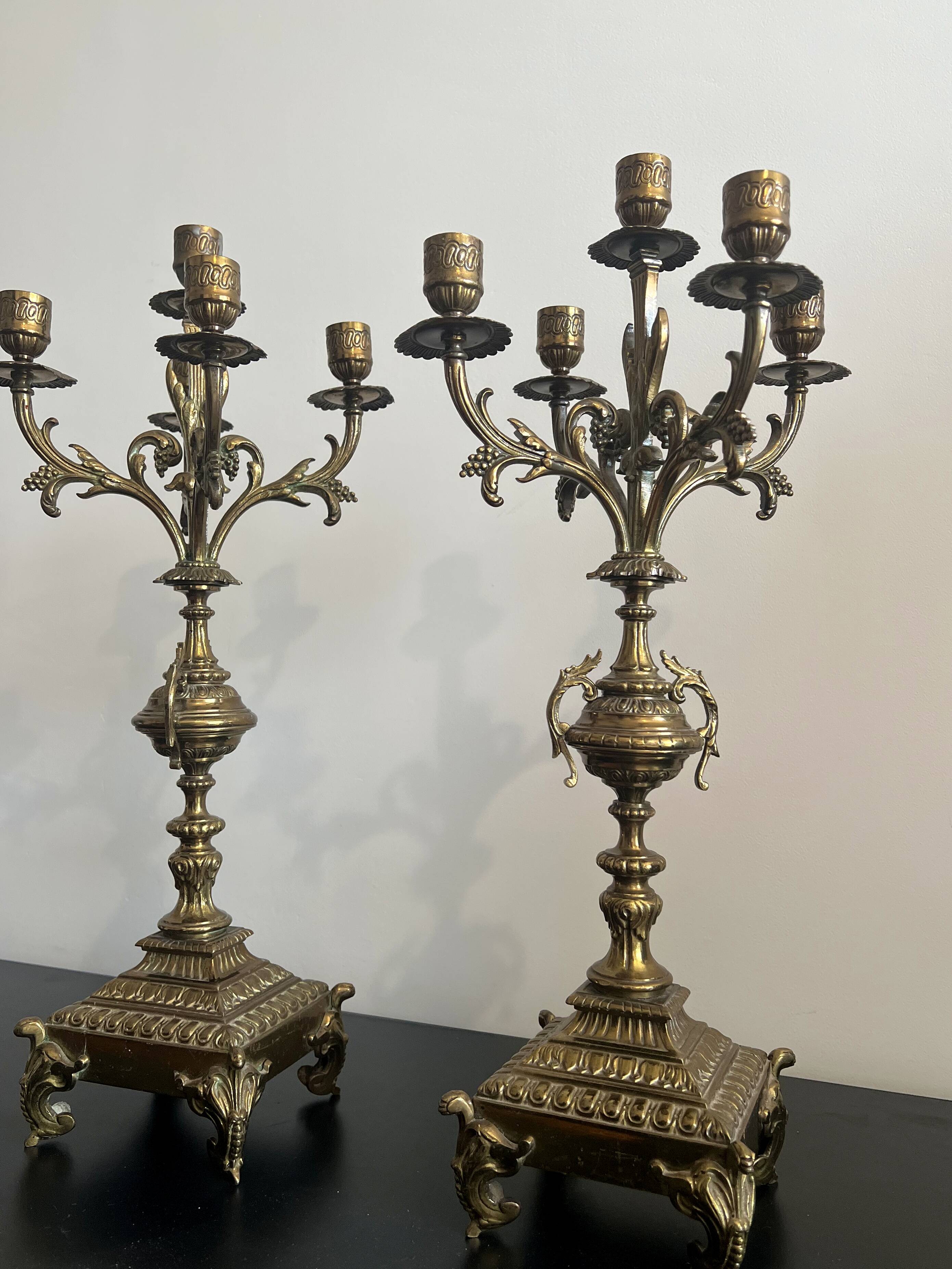 Pair of five-light gilded bronze candelabras, Napoleon III, 19th century.