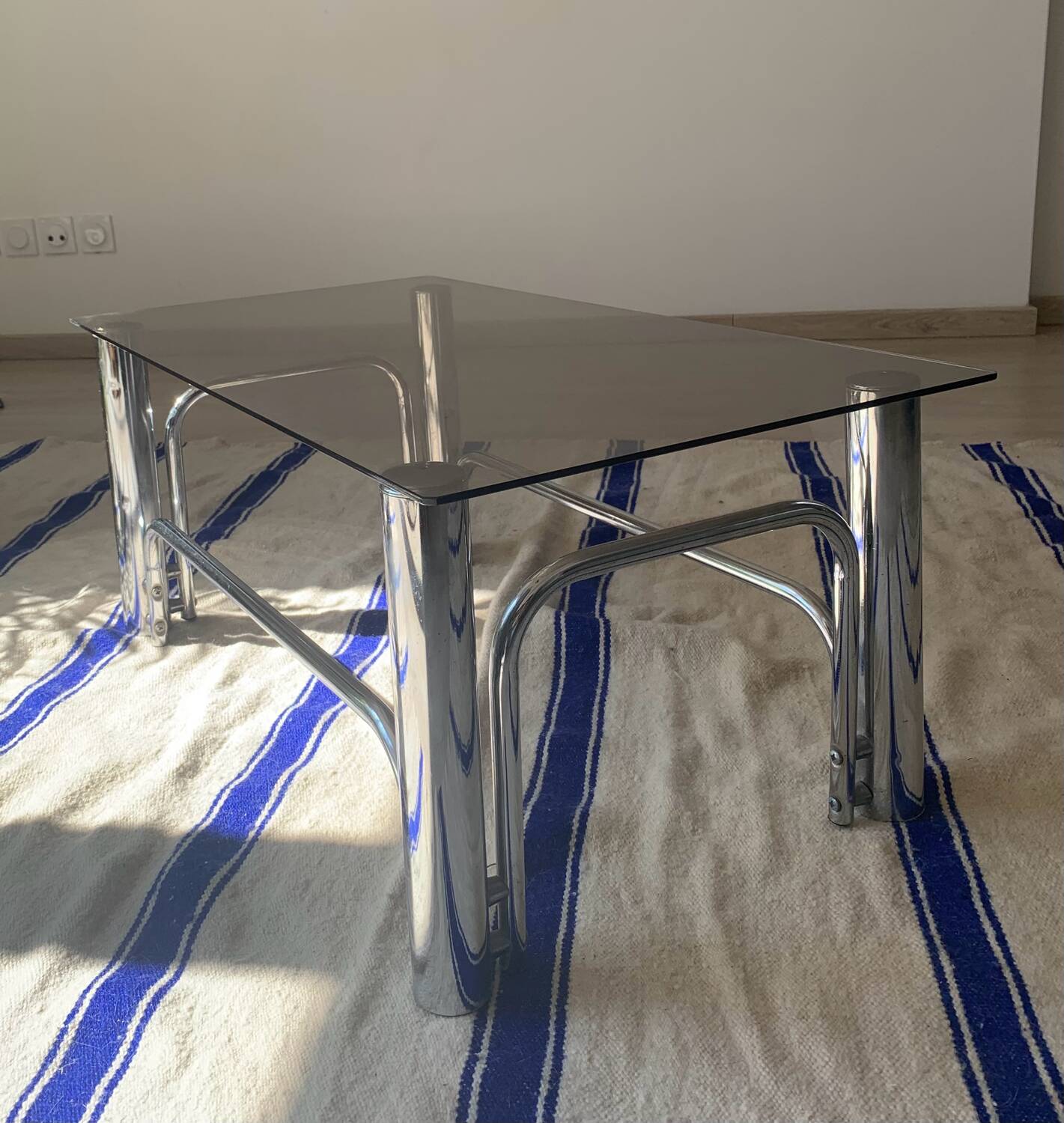 70s glass and chrome metal coffee table