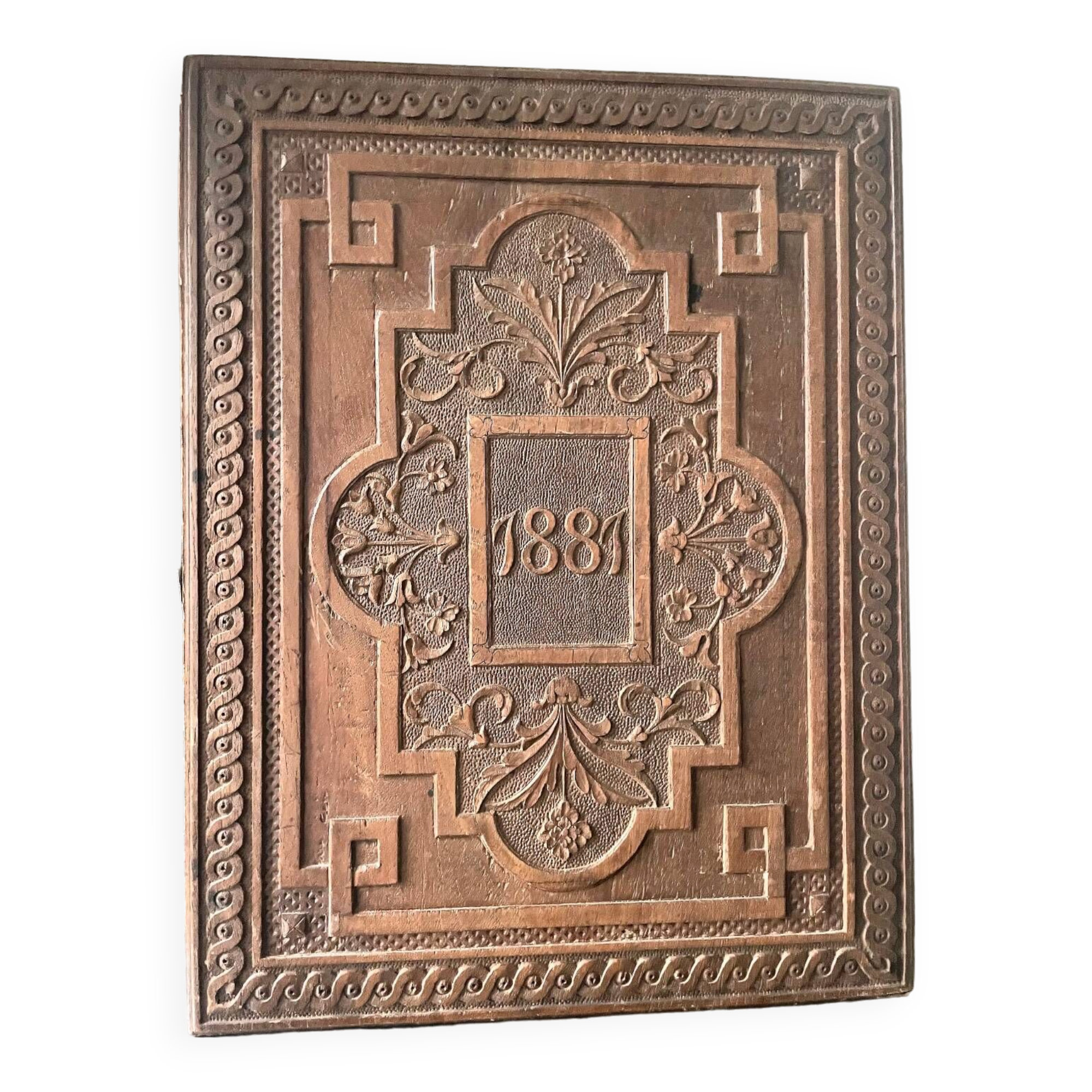 Antique  1881 Carved on solid wood Panel  Relief