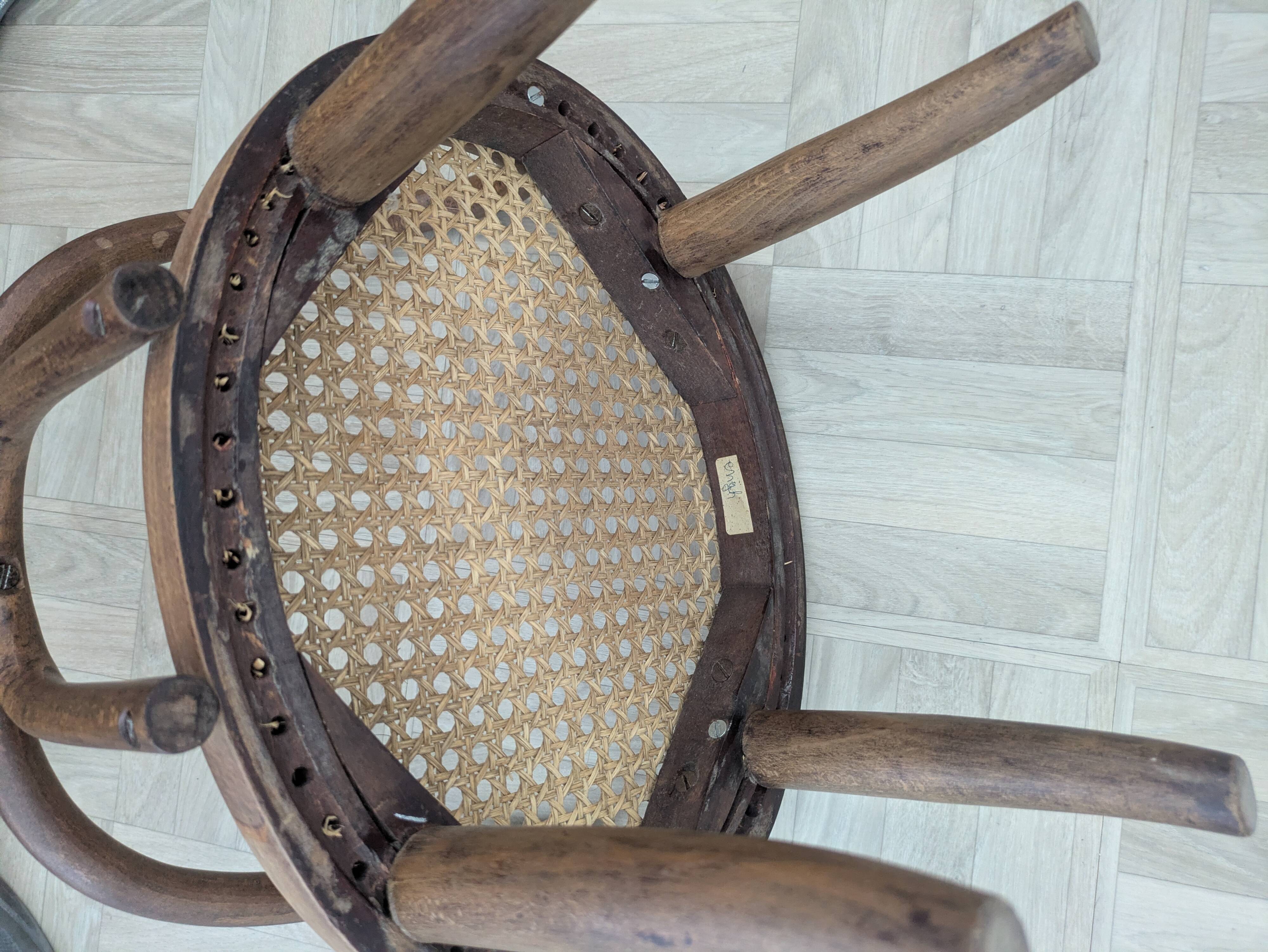Small Antique Children's Armchair in Curved Wood and Cane
