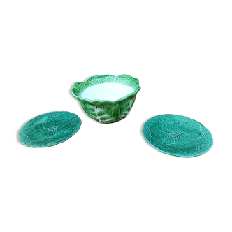 Cabbage leaf salad bowl set + 2 Gien plates decorated with leaves