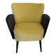 Pair of vintage 1950s cocktail chairs in yellow velvet and black faux leather, wooden frame.