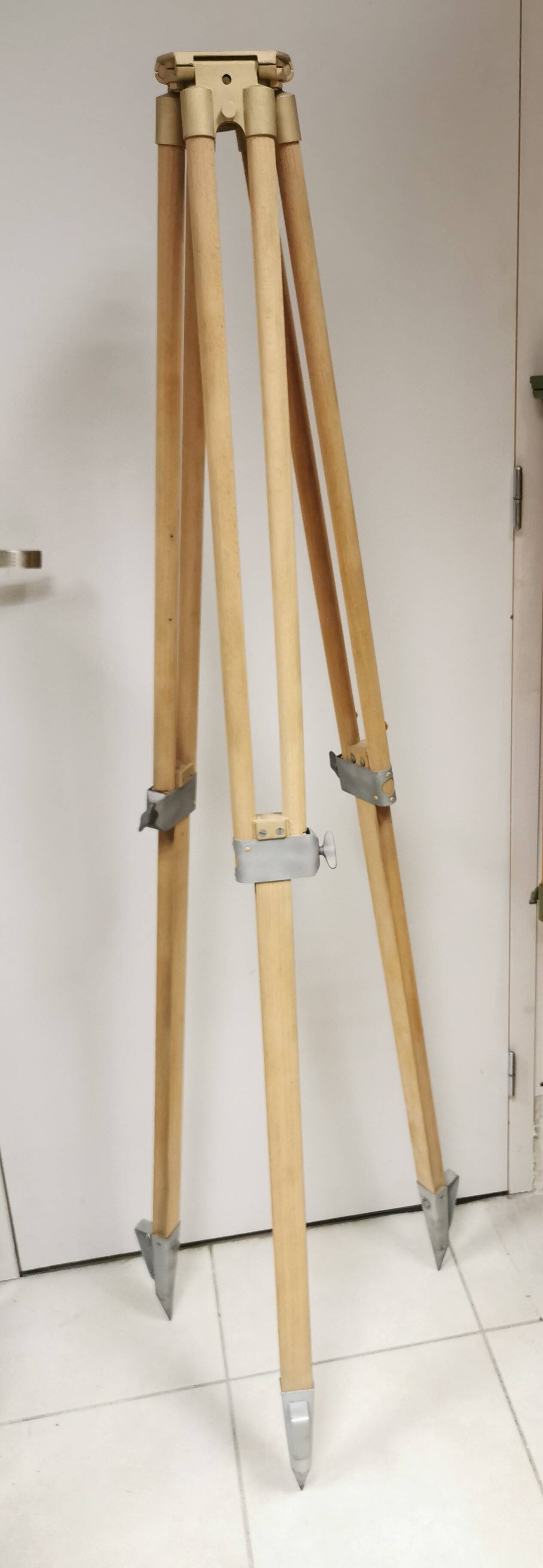 Raw / stripped wooden tripod, vintage industrial lamp base