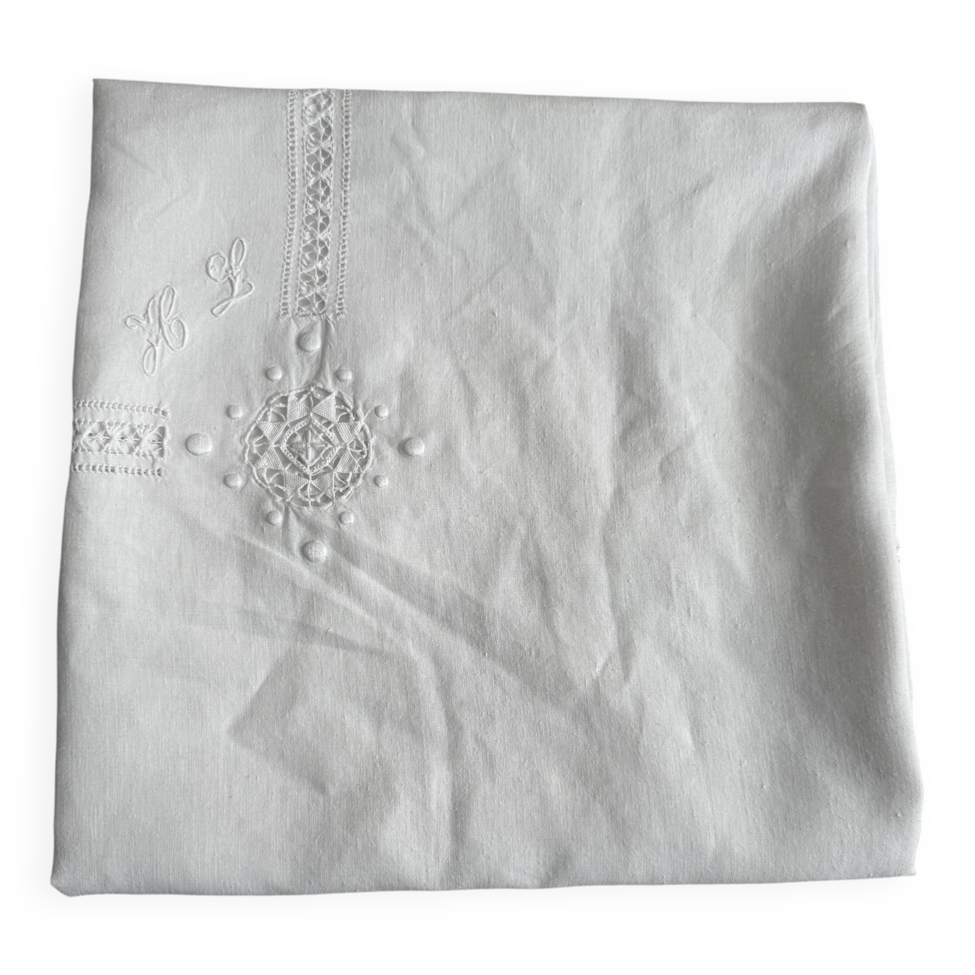 Large antique linen and cotton tablecloth 230x154.