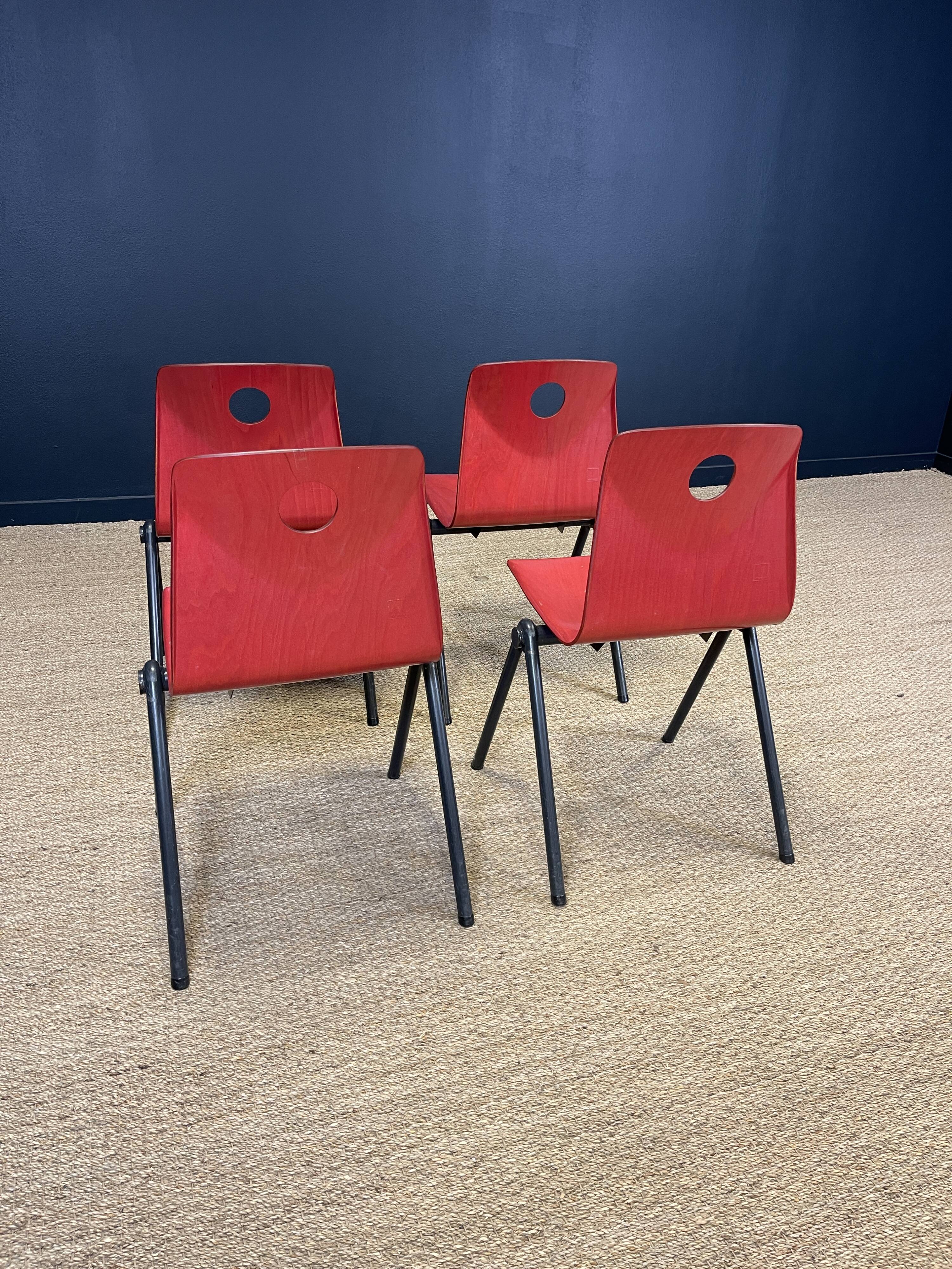 Set of 4 Galvanitas S30 raspberry red / gray steel chairs from the 70s