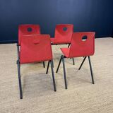 Set of 4 Galvanitas S30 raspberry red / gray steel chairs from the 70s