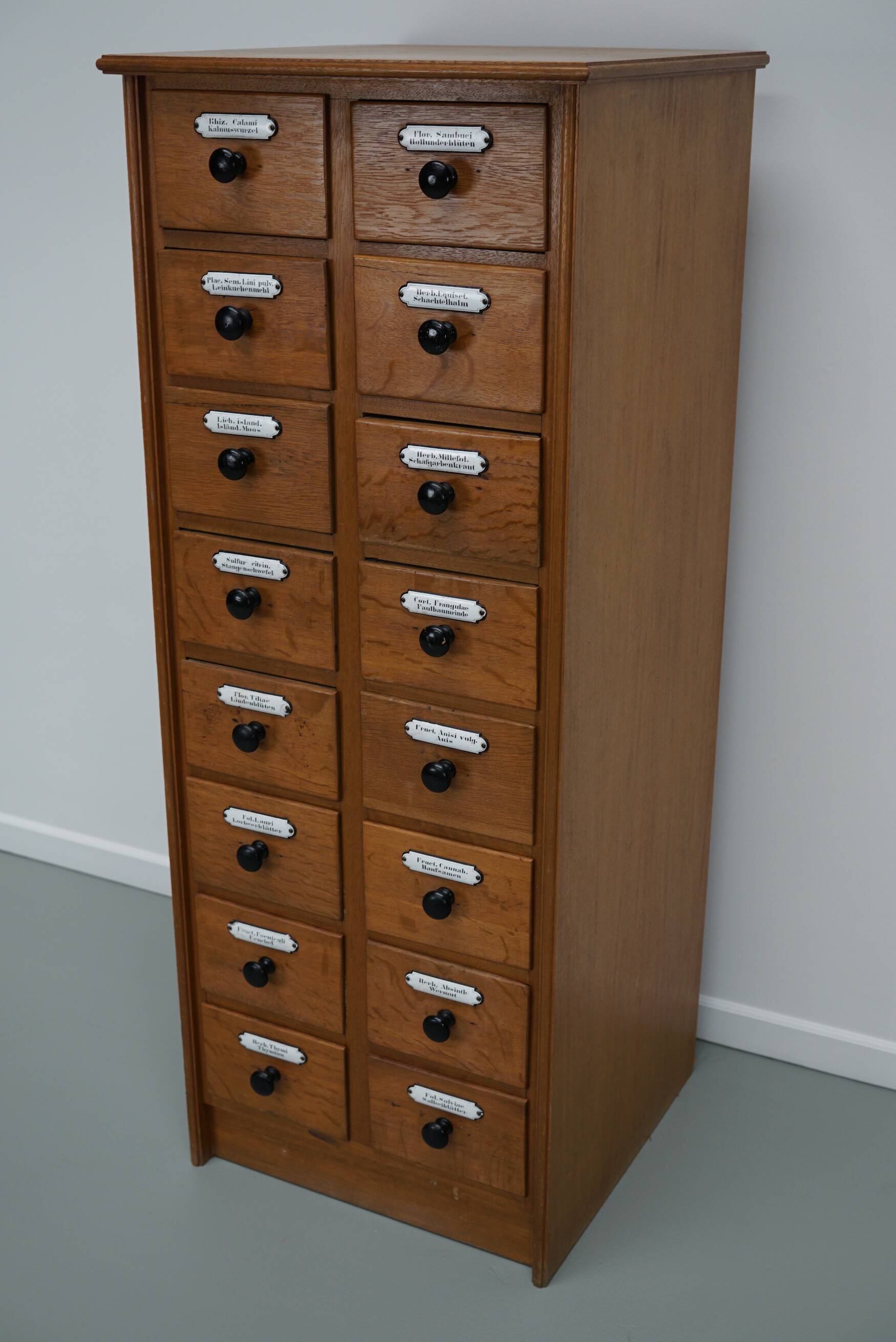 German Oak Apothecary Cabinet with Enamel Shields, 1940s
