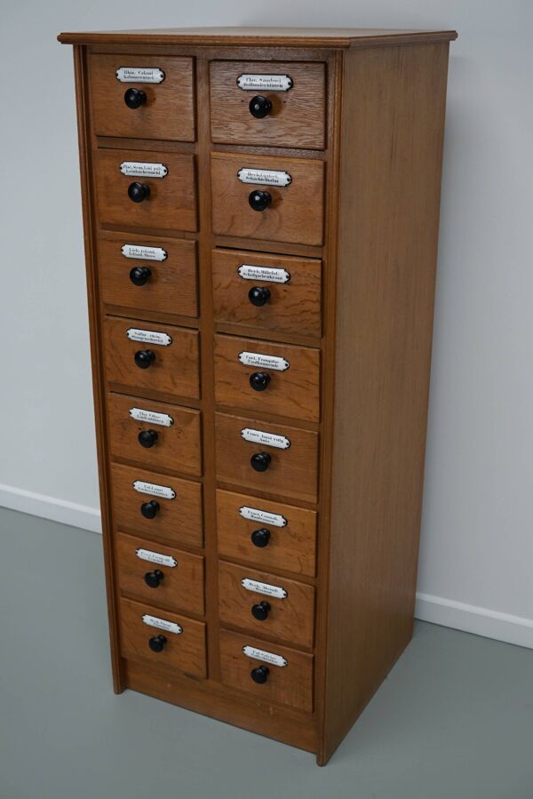 Armoire d'apothicaire en chêne allemand avec boucliers en émail, années 1940