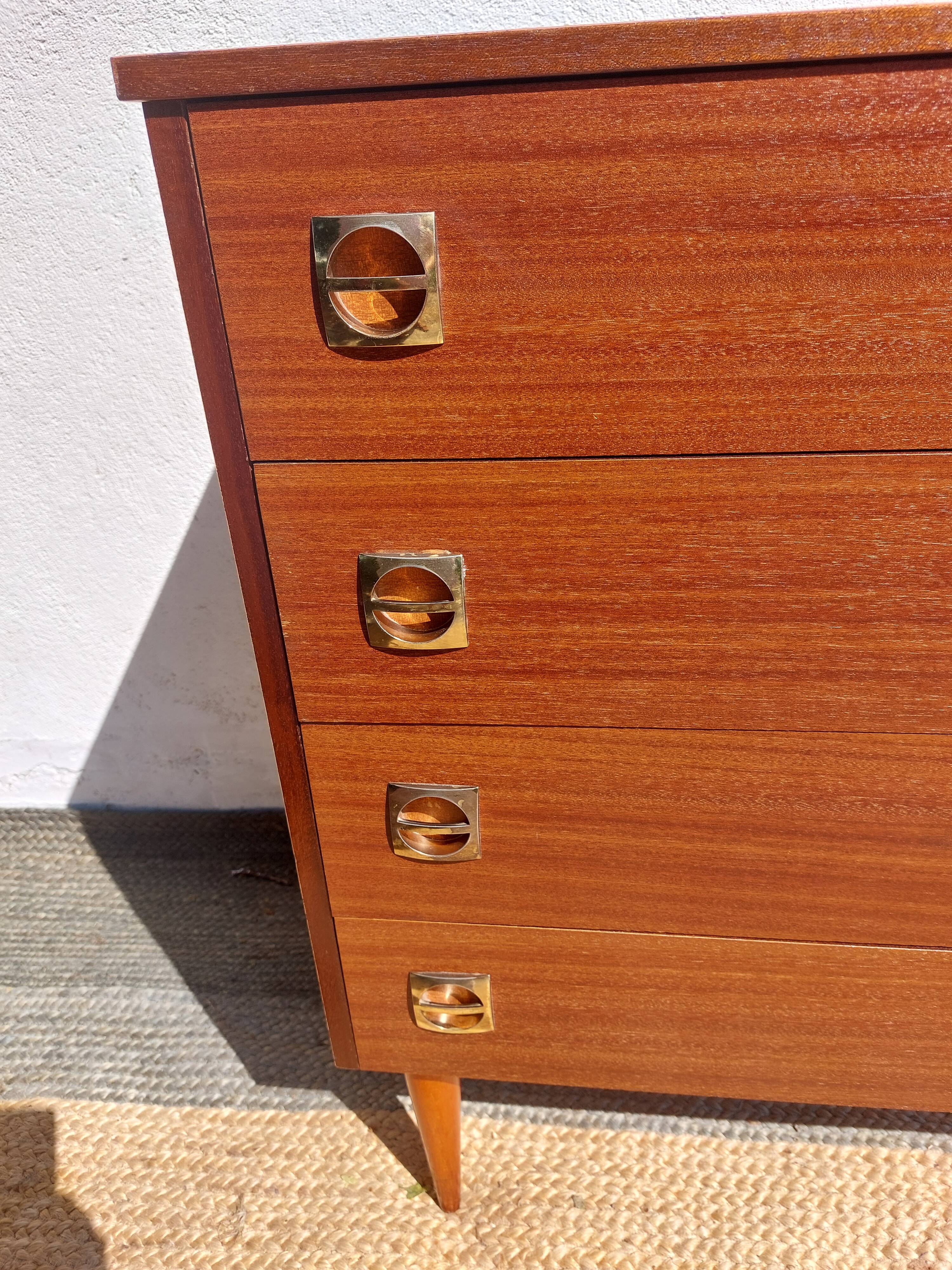 1960s chest of drawers, spindle legs, recessed handles