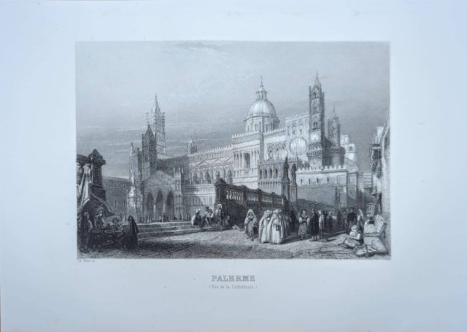 Palermo Cathedral, Sicily, old engraving, printed in 1841.