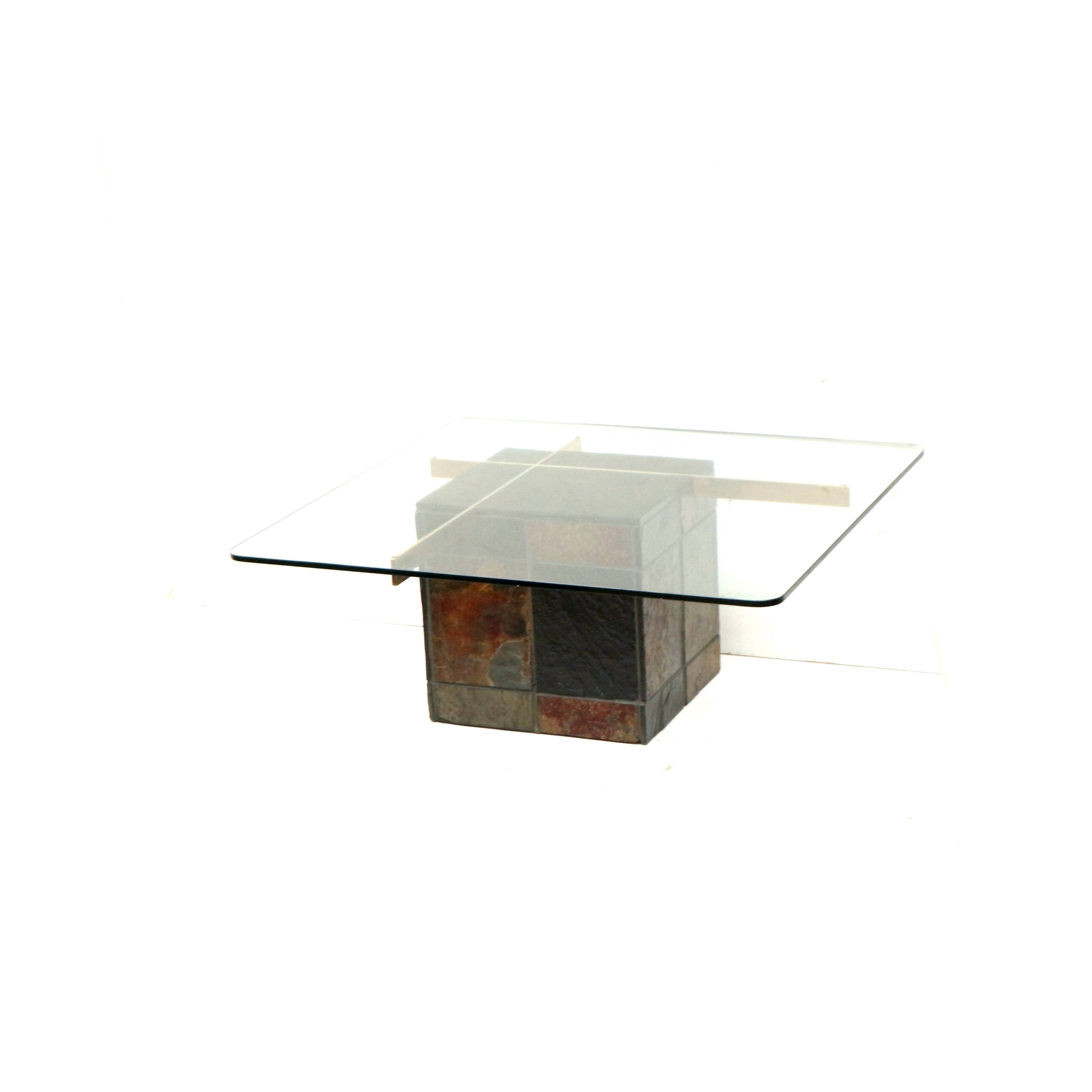 Italian design coffee table by Artedi with natural stone base and glass top