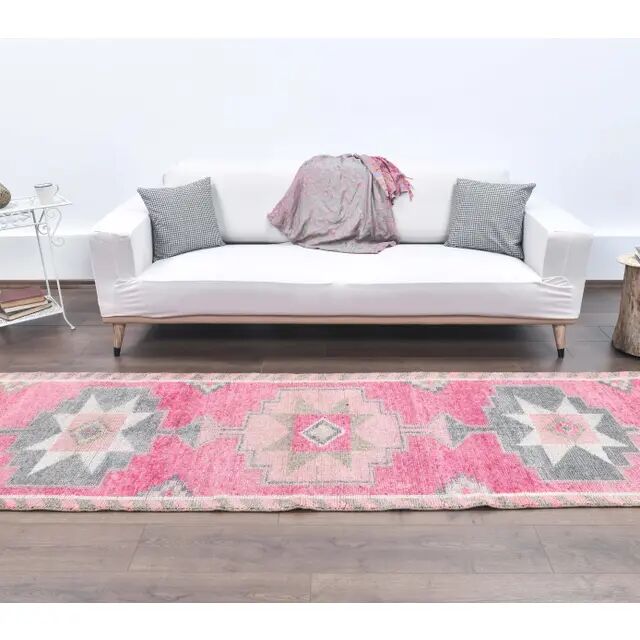 Vintage Pink Geometric Turkish Hand-Knotted Runner 92x342