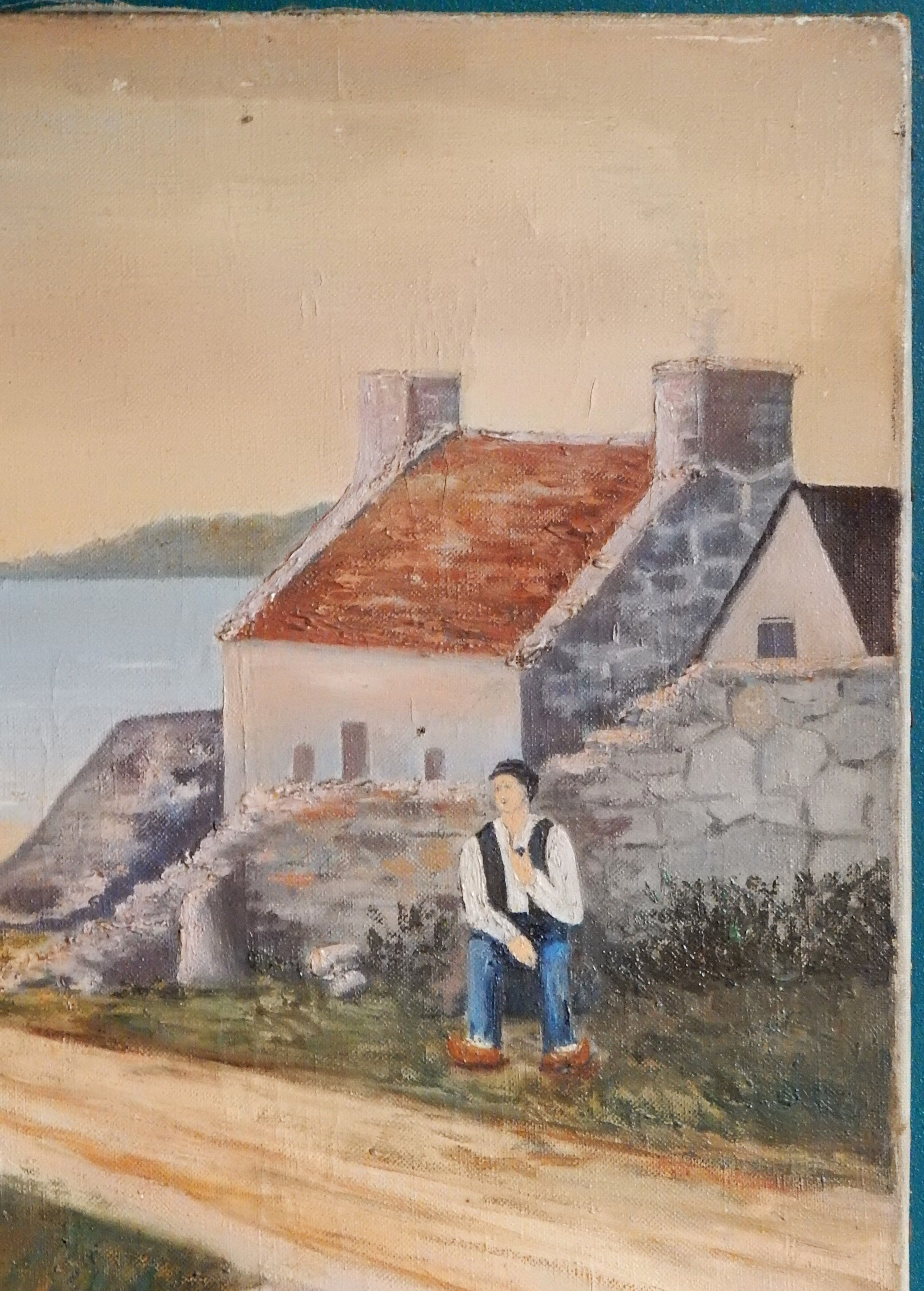Tableau peinture ancienne homme bord de mer