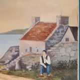Tableau peinture ancienne homme bord de mer