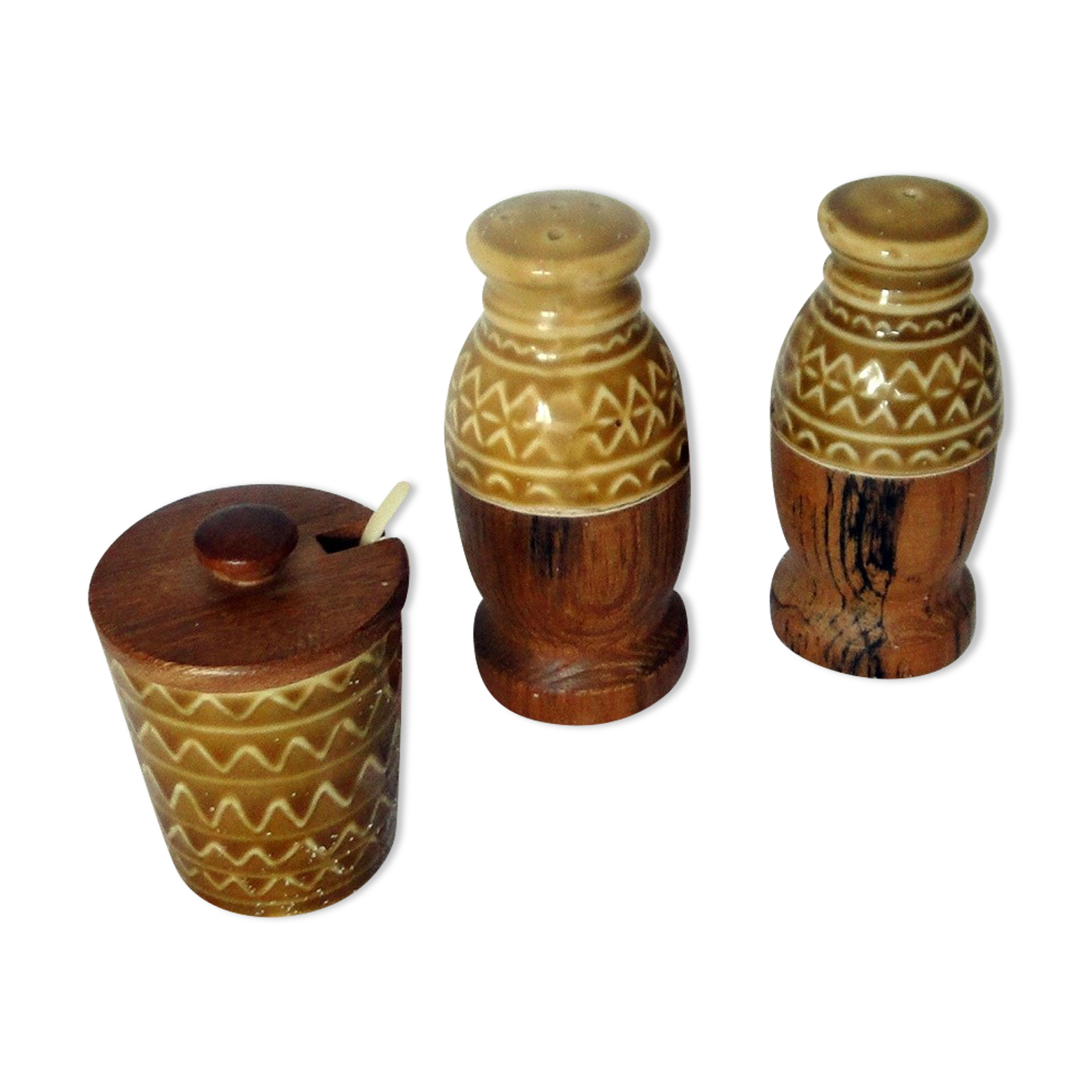 Set condiments sel poivre moutarde céramique et bois