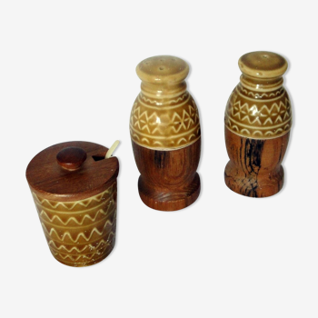 SET CONDIMENTS SALT PEPPER MUSTARD ceramic and wood