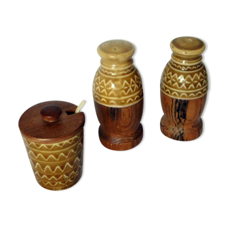 SET CONDIMENTS SALT PEPPER MUSTARD ceramic and wood