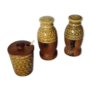 Ceramic and wood salt pepper mustard condiment set