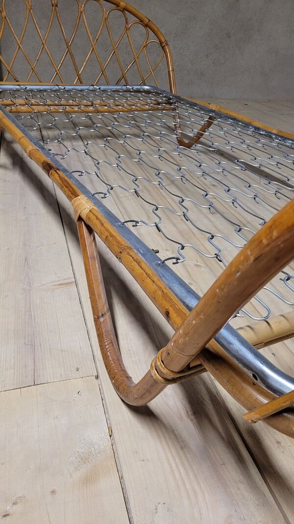 Lit banquette corbeille en rotin vintage- 1950s