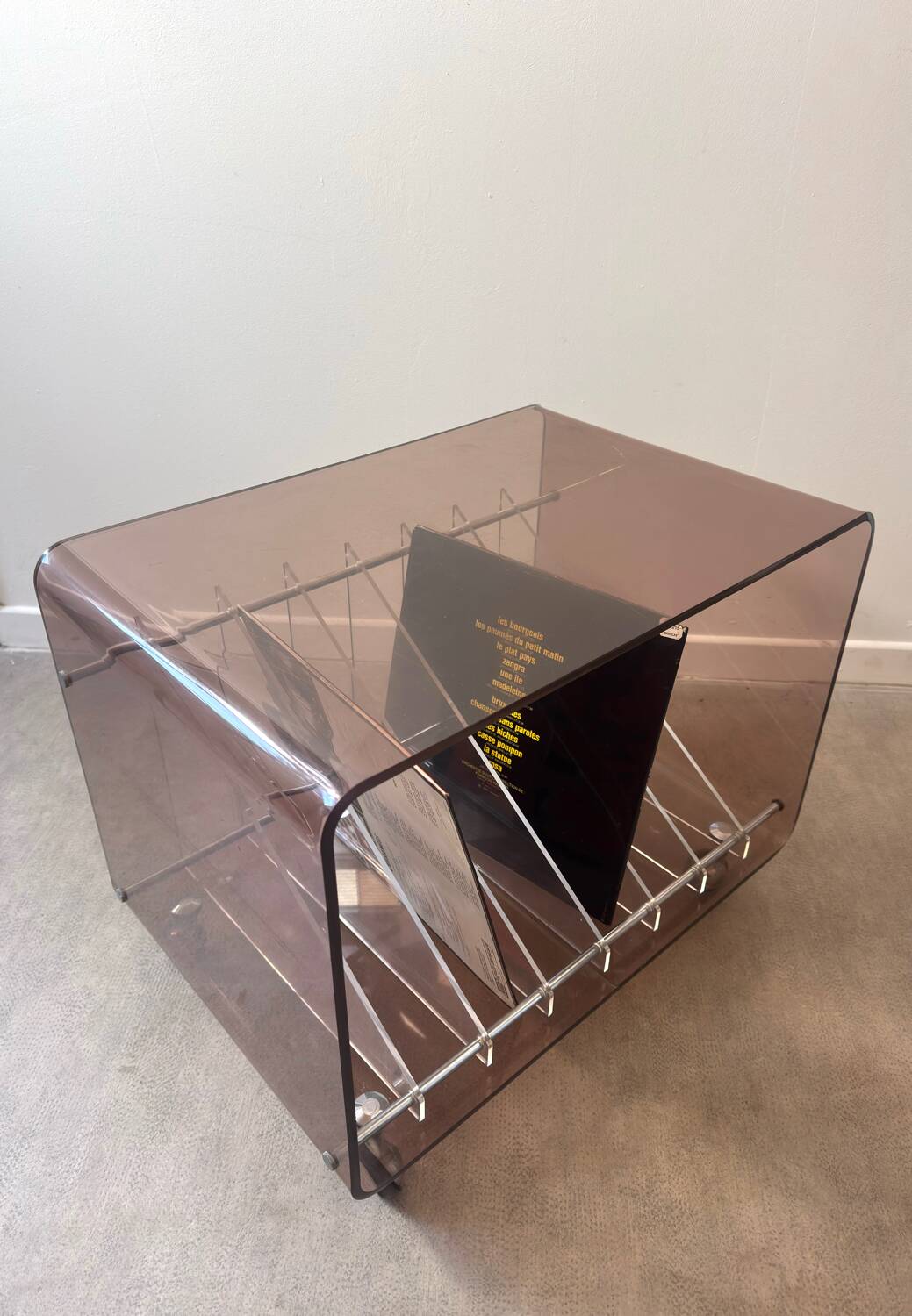 Hi-fi furniture in smoked Plexiglas by Michel Dumas for Roche Bobois.