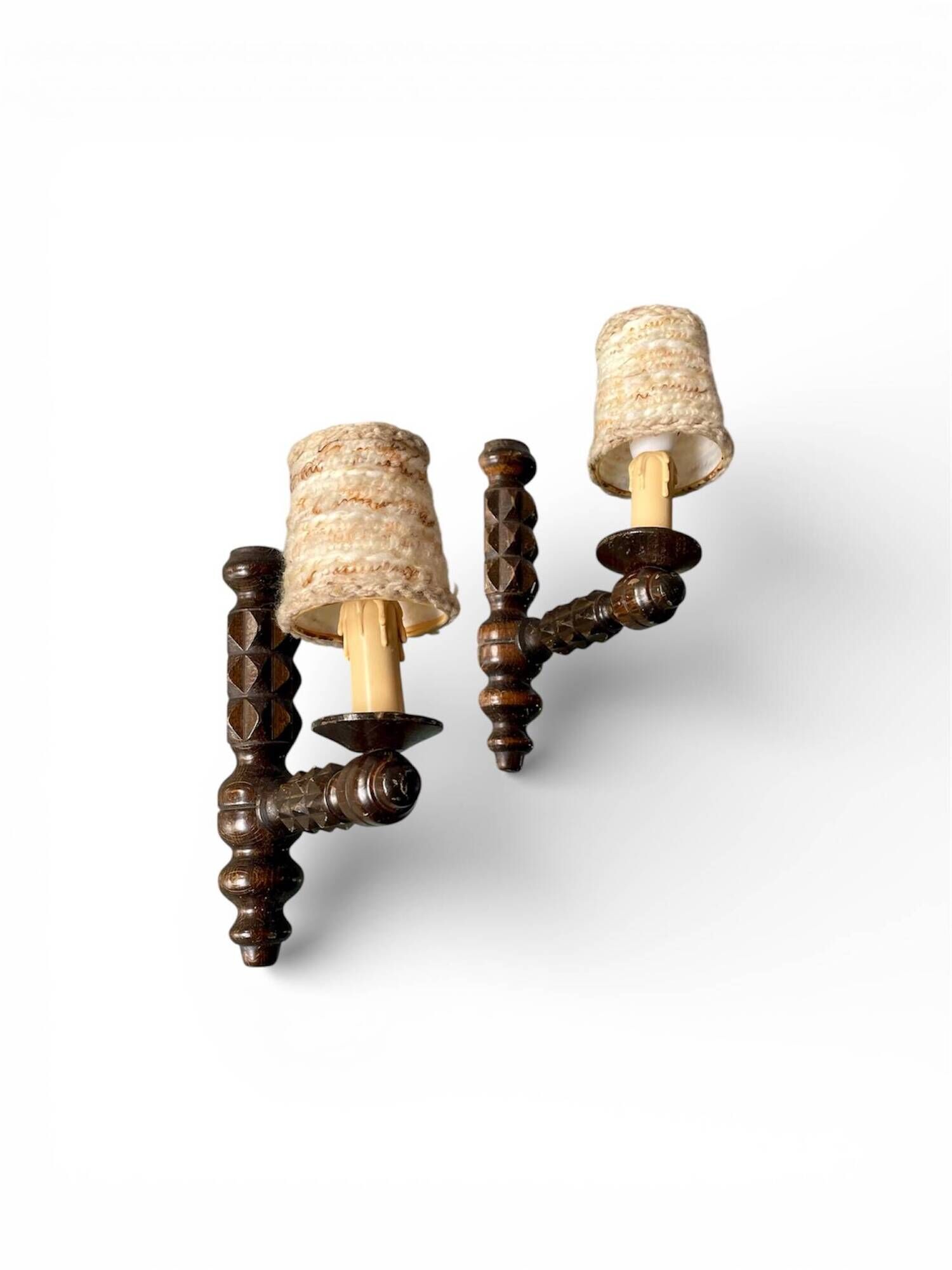 Pair of turned wooden wall lights, France 1940