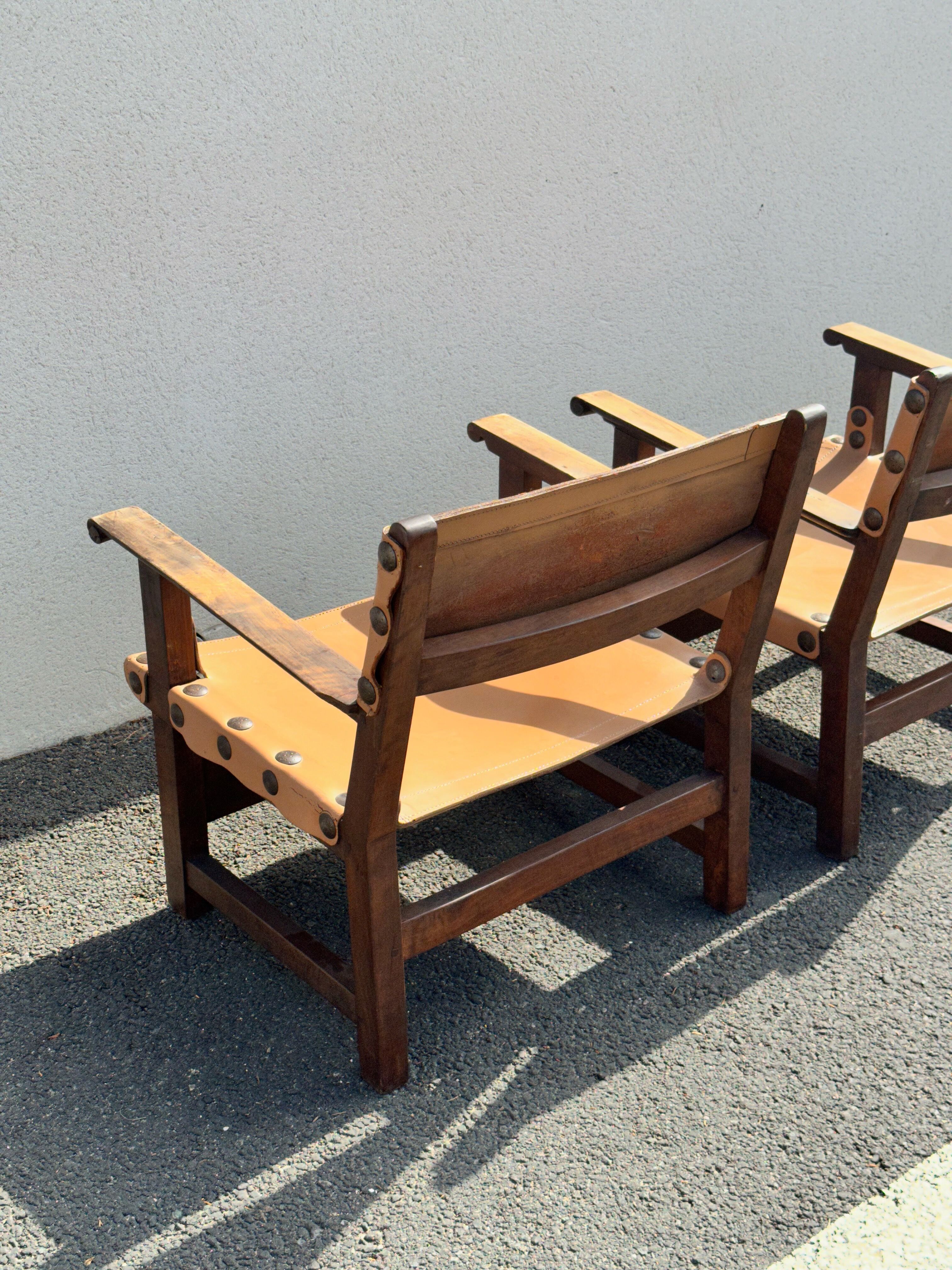 Brutalist armchair in wood and leather 60s