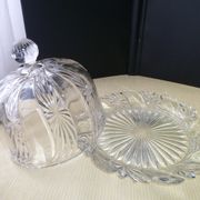 Old cheese bell on its molded pressed glass tray