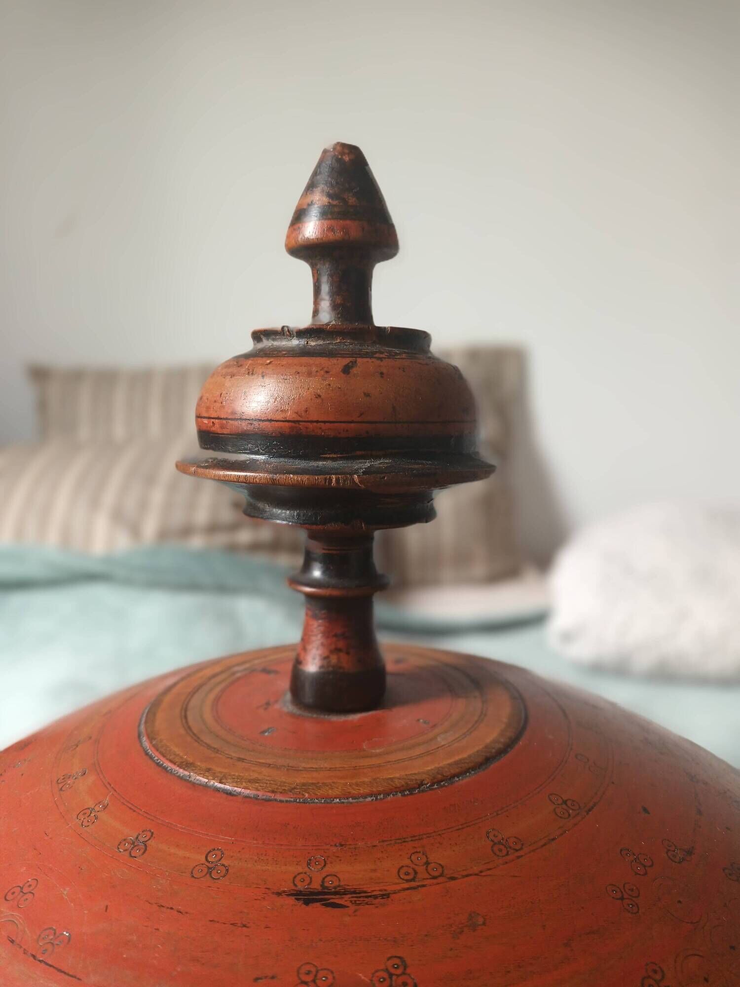 Large antique lacquered wooden Chapati box, ethnic offering box 35cm