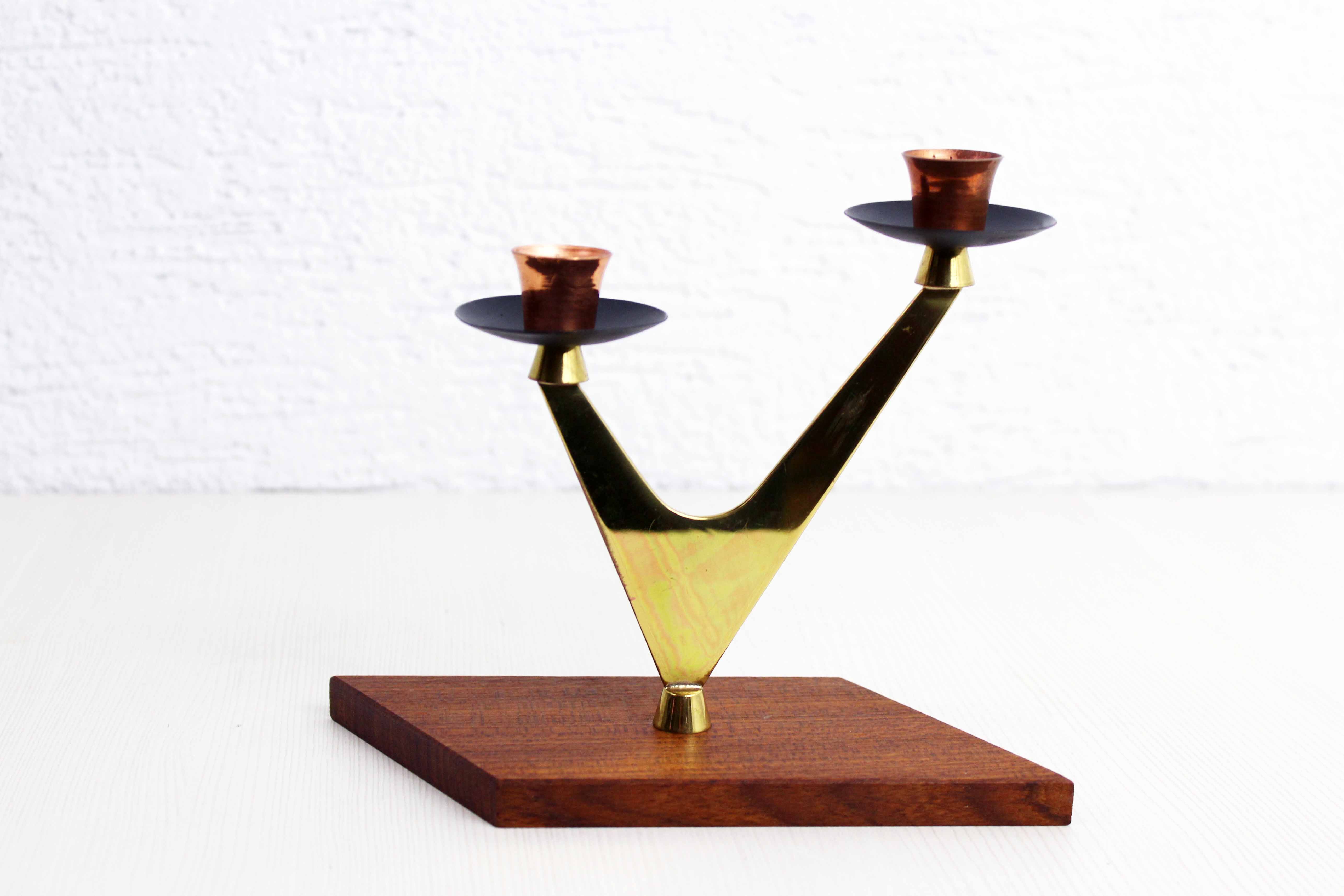 Double teak and brass candle holder
