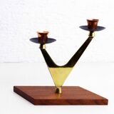 Double teak and brass candle holder