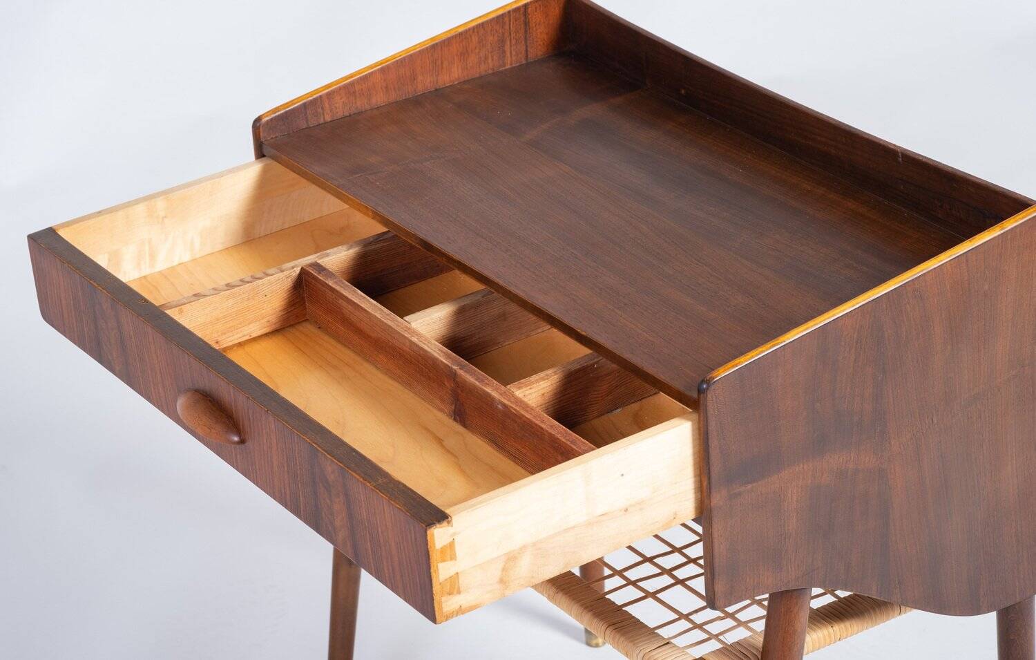 Side Table in Rosewood with Drawer and Rattan Shelf, Denmark, 1960s