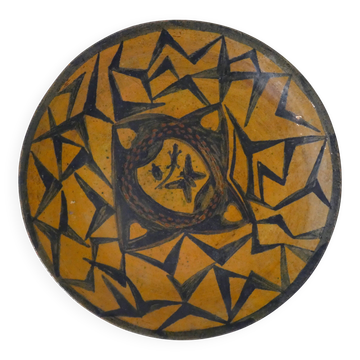 ancienne assiette en terre cuite vernissée style ethnique vintage signée