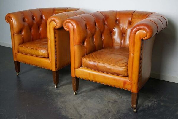 Set De 2 fauteuils club Chesterfield Vintage En cuir Cognac