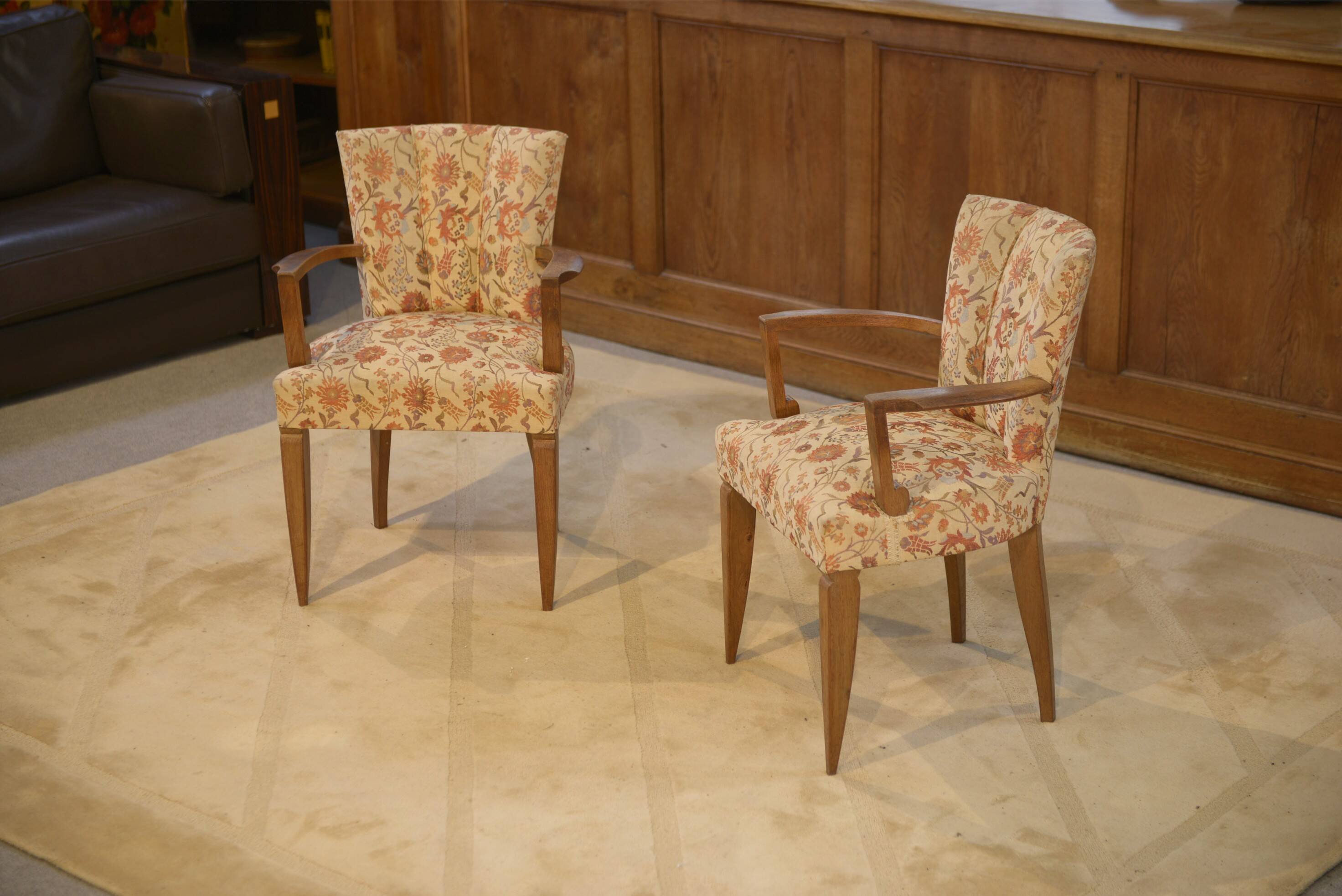 Set of 2 Bridge armchairs and one armchair attributed to Jules Leleu from the 1930s.