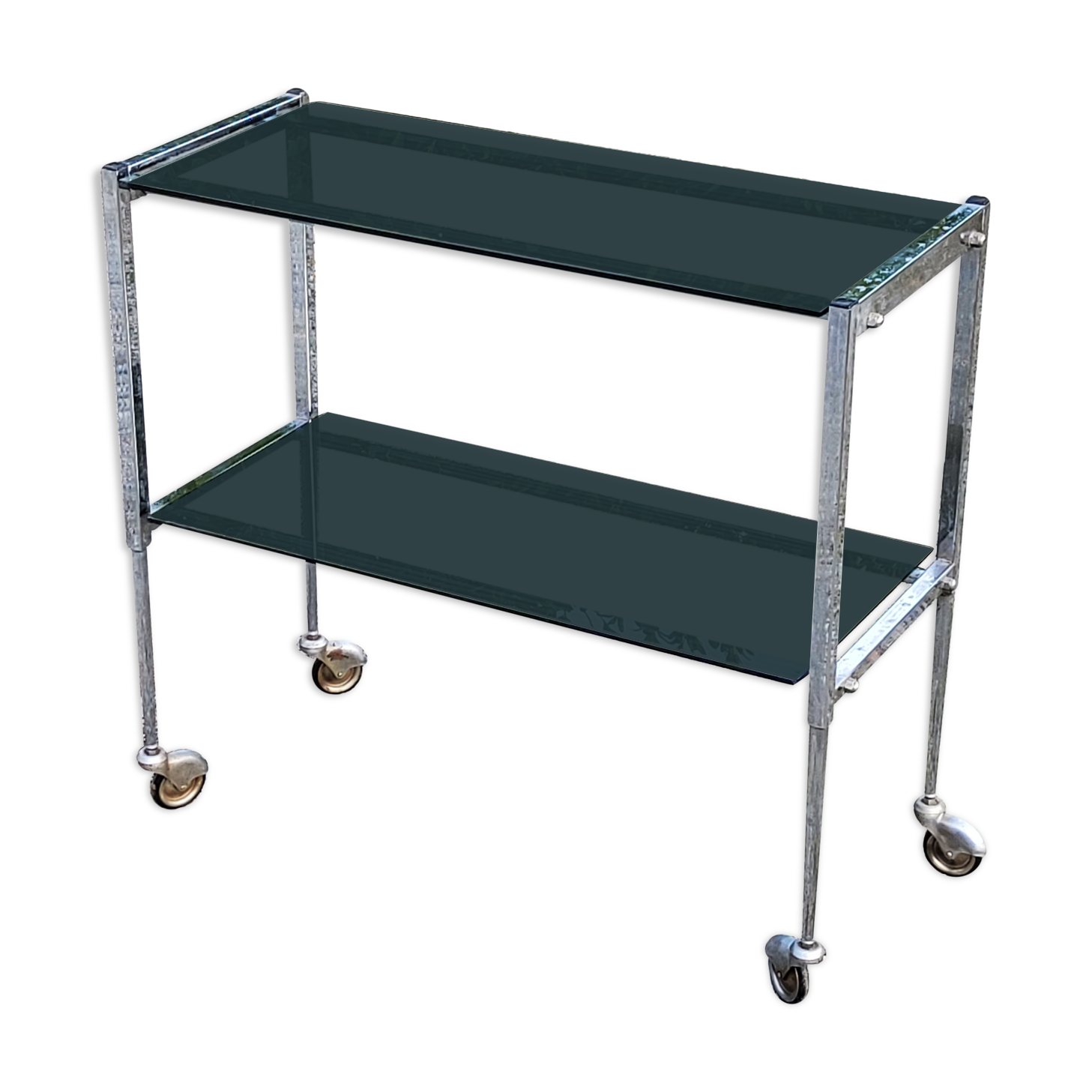 Console service of the 70s double trays smoked glass chrome base