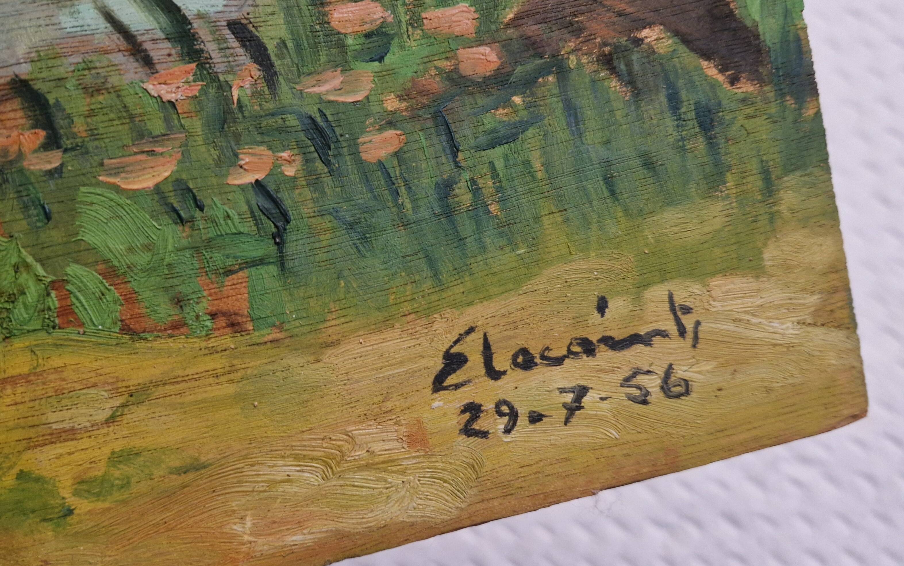 Old oil painting on wood from the 50s