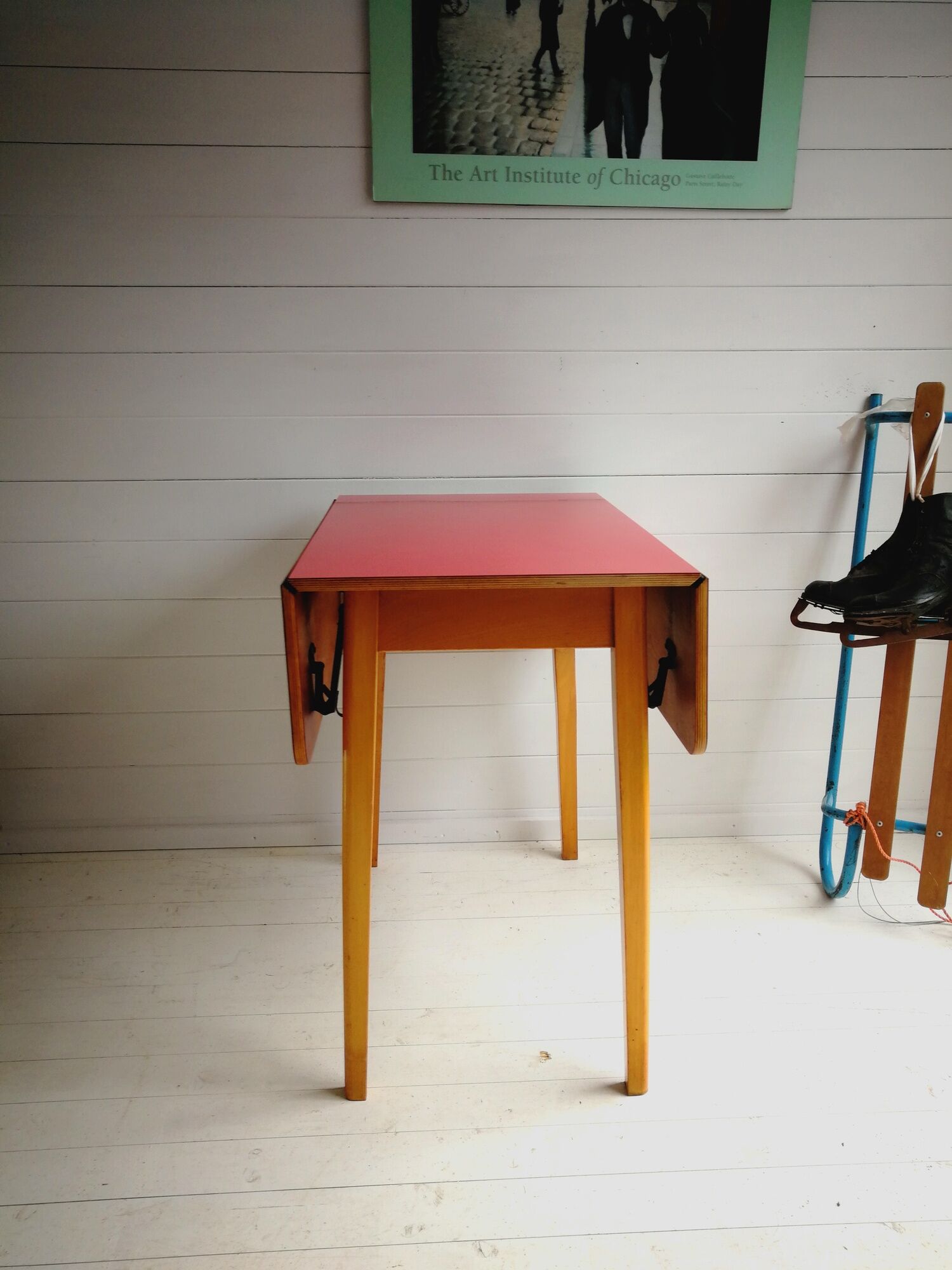 Original 1960’S Red Formica Drop Leaf Dining Table With Wooden Legs, Vintage, Retro, Mid Century, Ki