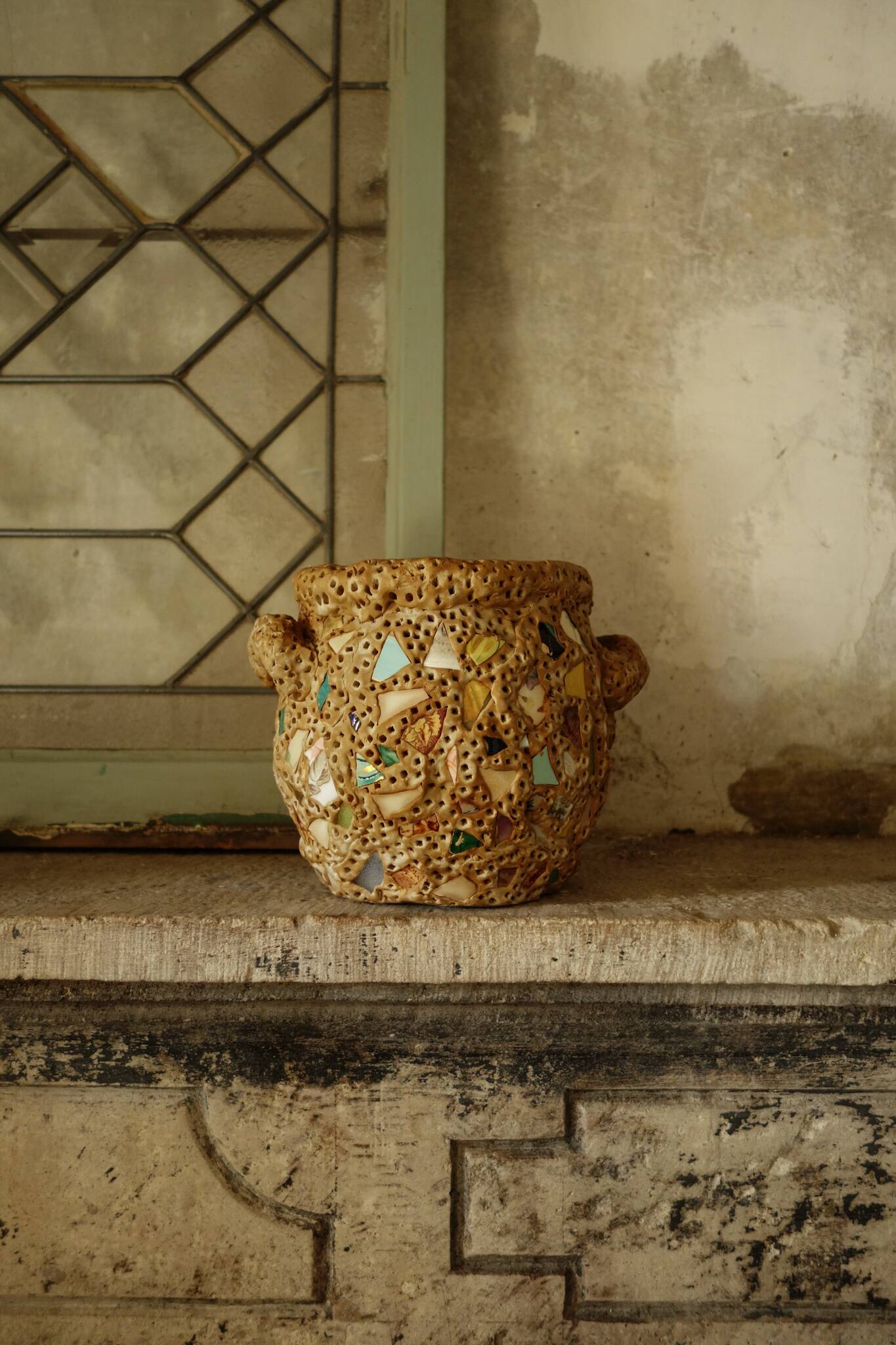 French Folk Art Mosaic Vase Pique Assiette