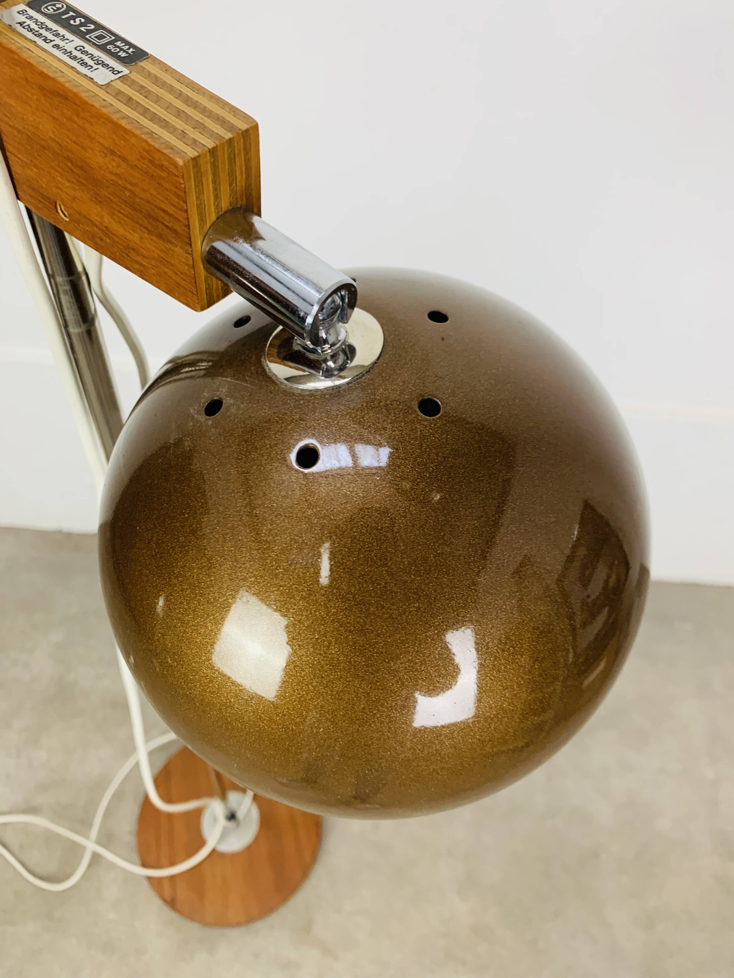 Eyeball floor lamp by Temde Leuchten, copper metal, teak and chrome, 70s.