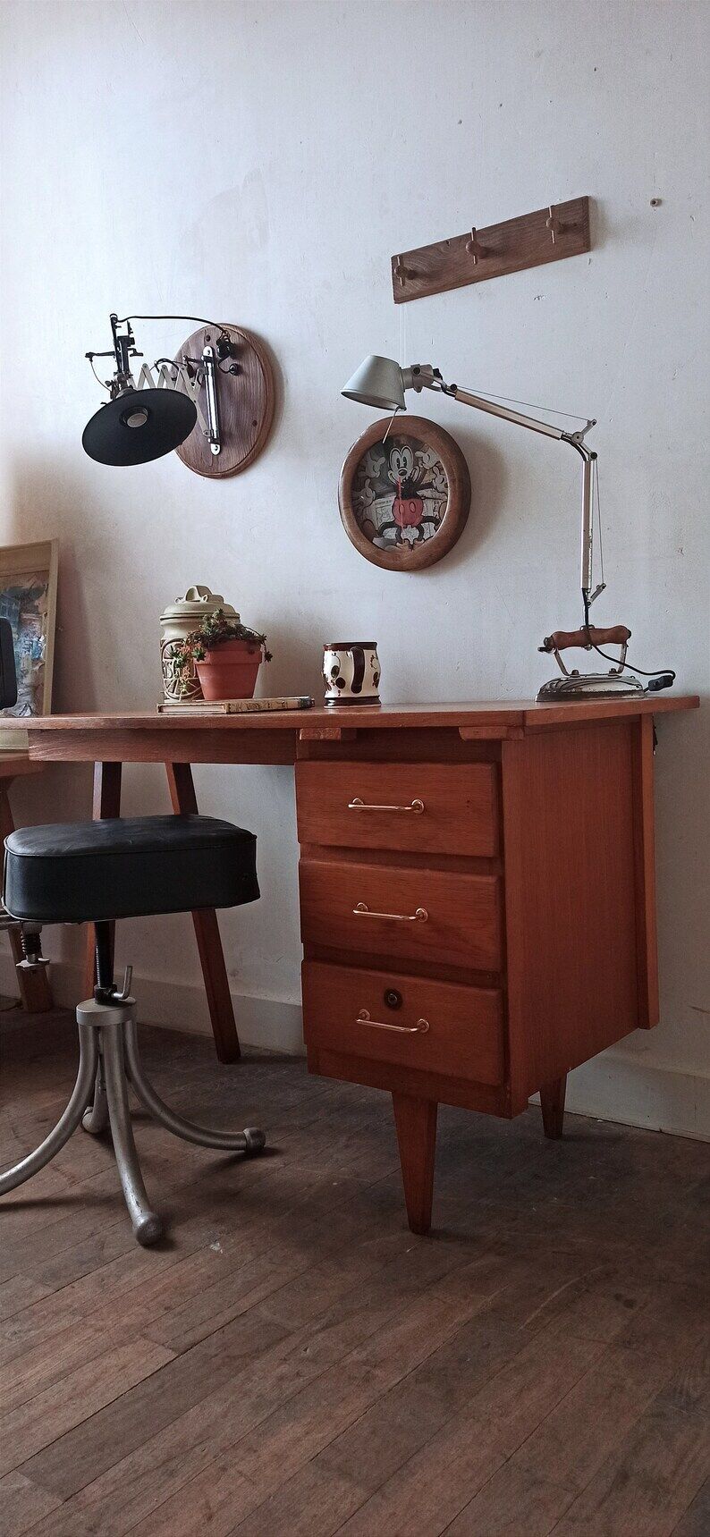 vintage desk with wooden storage drawers