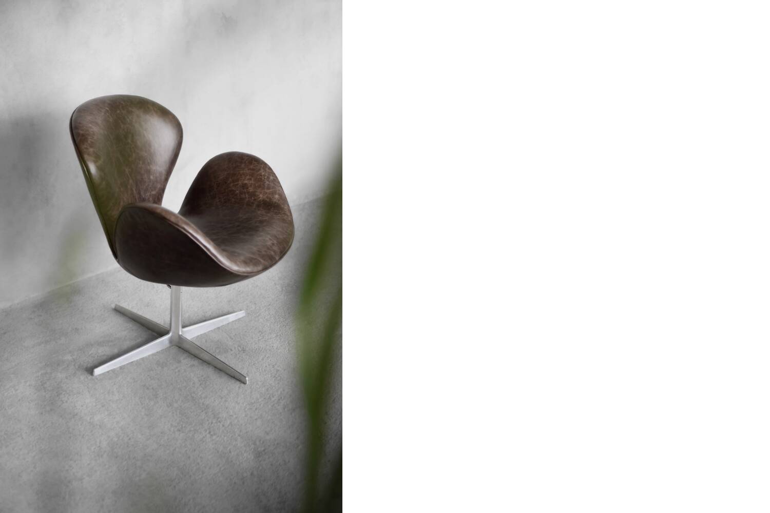 Brown leather Swan chair by Arne Jacobsen, mid-century Danish modernity.