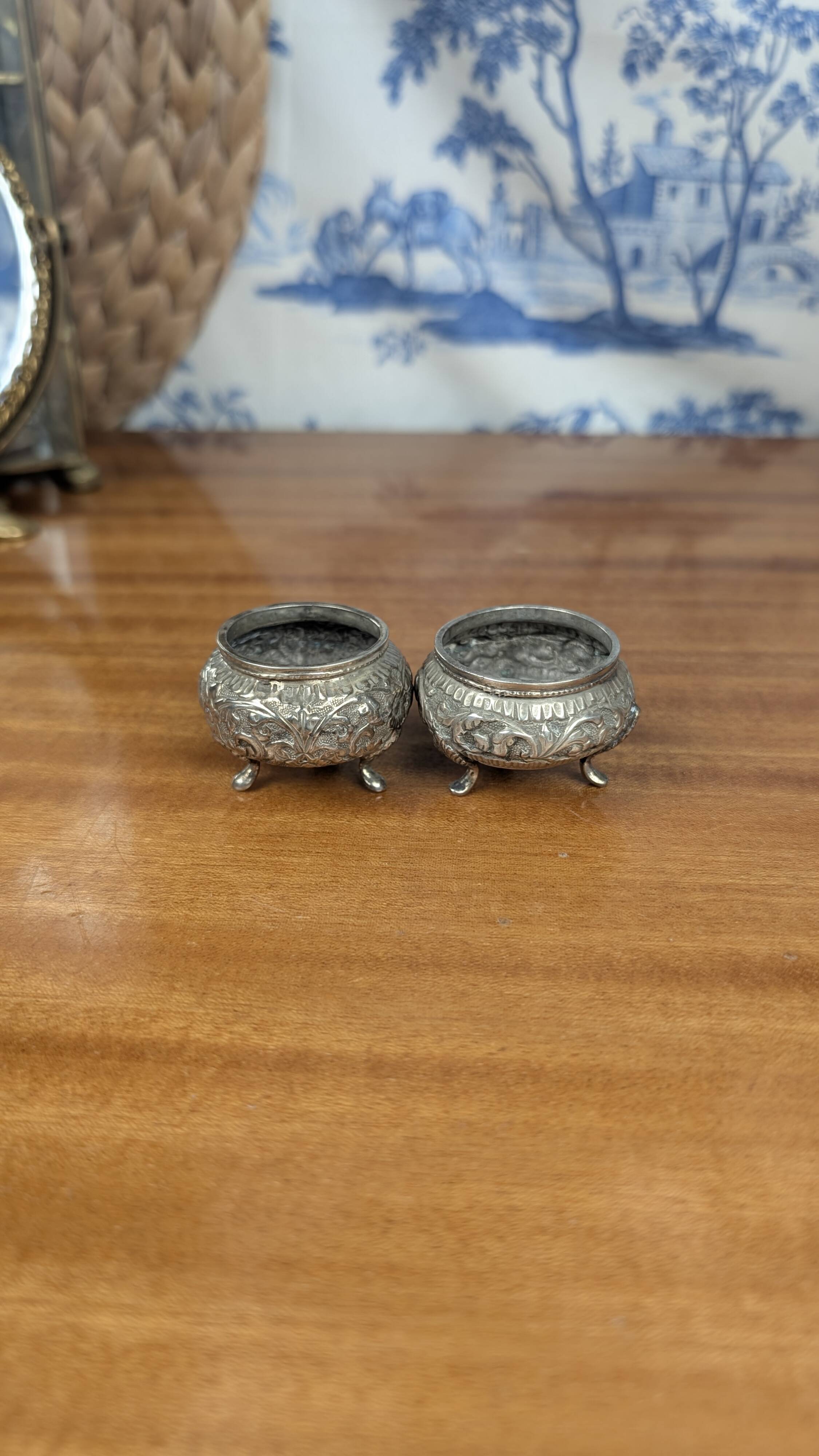 Indian Kutch 800 Silver Open Salt Cellar Pair of 800 Silver Salt Cellars