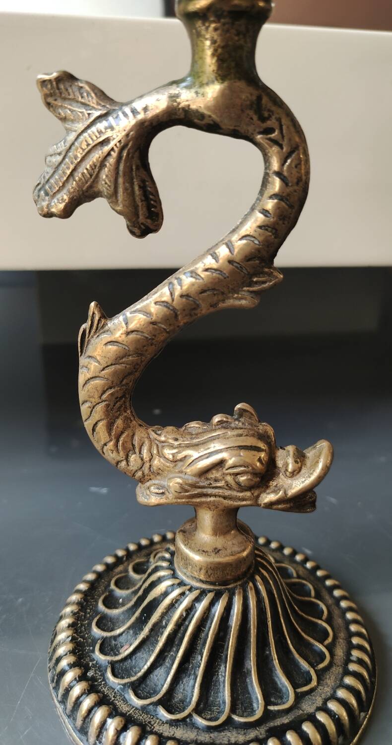 Pair of Art Nouveau style Koi Carp Candlesticks. In old gold patinated bronze.