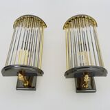 Pair of Art Deco style wall lights, brass, metal and glass GS model Vadisa. 1970s