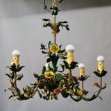 Chandelier with 6 arms of flower lights in painted sheet metal
