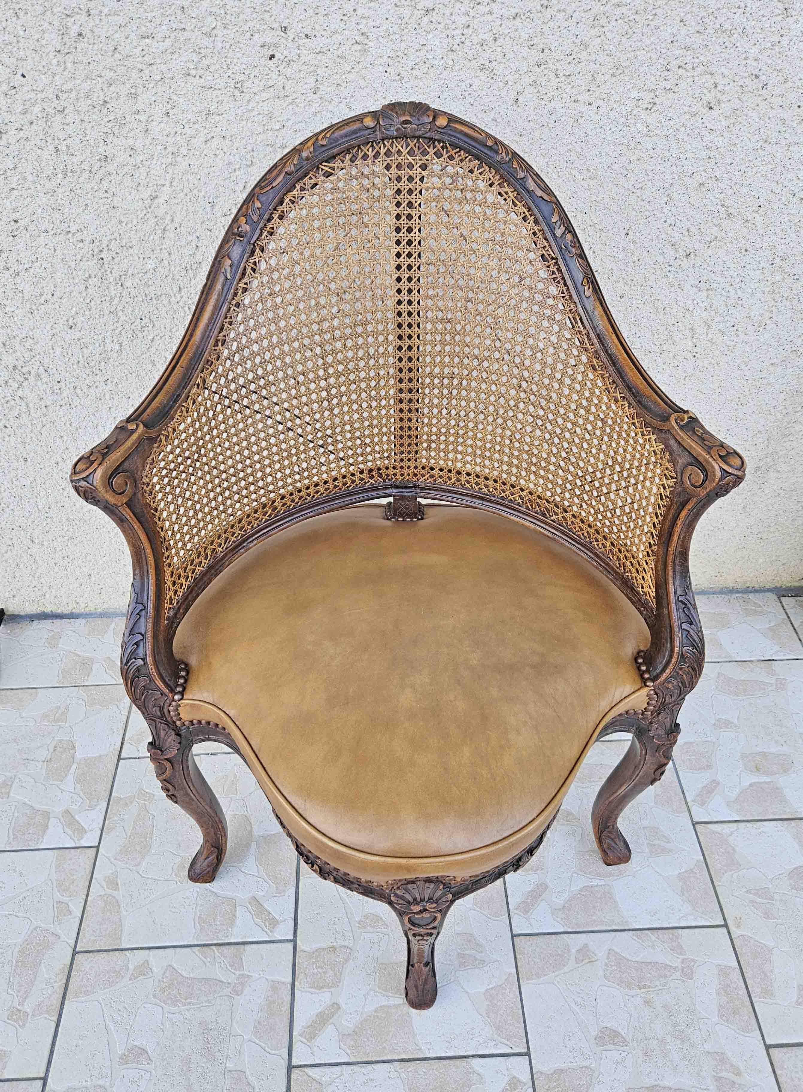 Louis xv office armchair, carved, cane, leather trimmed